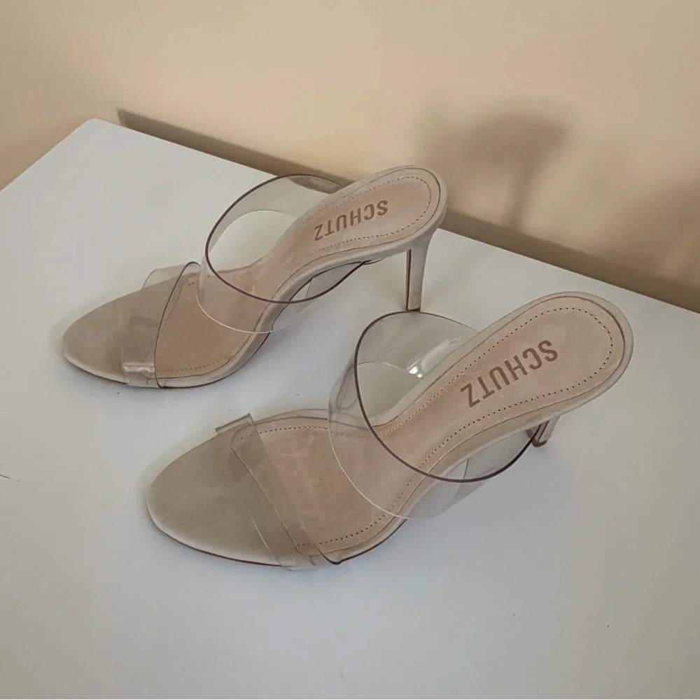 SCHUTZ Clear Vinyl Strappy Nude Stiletto Heels